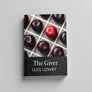 A simple book cover for 'The Giver' by Lois Lowry. Arrangement of dark fruits in a grid, with a standout crimson apple. The title and author's name are in a sleek, modern font. A blend of elegance and visual appeal.