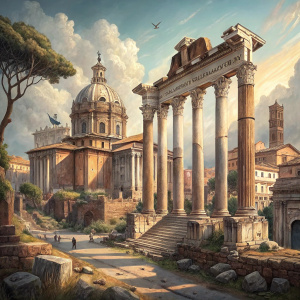 Ruins of ancient temples in Rome, Italy. The towering columns of the Temple of Saturn and the Temple of Vespasian and Titus stand with intricate details.