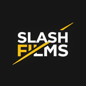 A sleek logo for Slash Films featuring a white and yellow font on a black background, with a vibrant yellow line slicing diagonally through the design.