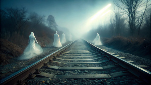 brisa gelida en una via de tren solitaria,  figuras etéreas, sus formas apenas perceptibles. de noche oscura. 