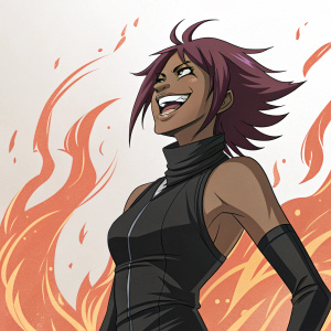 Yoruichi Shihouin from Bleach. Fierce and confident. Wearing black bodysuit. Fiery abstract background. Wide smile and dynamic facial expression.