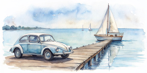 minimalista ilustração watercolor carro antigo volkswagem no pier next to a sailboat com fundo branco
