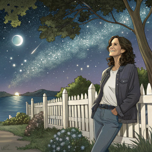 Jami Gertz as Debbie Weaver in a casual outfit, standing outdoors under the stars. She's posing near a white picket fence with a friendly smile.