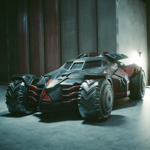 Render of the Batmobile from Batman Arkham Knight. Futuristic design with black and red accents. Dark, sleek background.