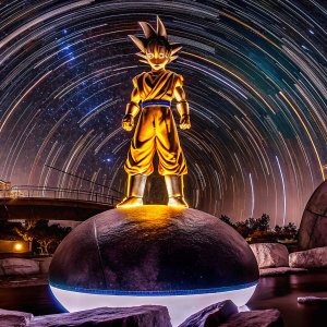 Goku from Dragonball, standing on a floating rock, glowing aura, dark space background.