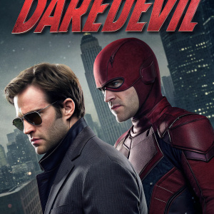 Movie poster for 'Daredevil'. Split image showcasing Matt Murdock in his dual personas. Dark and gritty aesthetic with dramatic contrast. Black, red, and gray color palette. Detailed cityscape background.