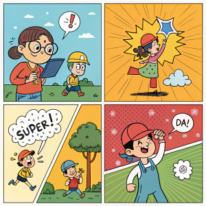 A vibrant, colorfully illustrated comic strip featuring multiple panels arranged in a grid format. Each panel captures a unique scene with various characters and actions, depicted in a traditional comic book style. Simple lines and exaggerated expressions bring the characters to life. Speech bubbles contain witty dialogue in English, and the characters are stylized with charming, cartoon-like features.