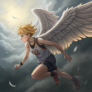 Digital illustration of Hinata Shoyo. Intense focus. Blonde hair, athletic gear, soaring with wings. Cloudy background