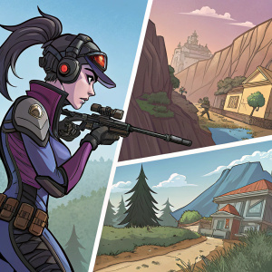 A comic book style artwork showcasing Widowmaker, Overwatch character. Various panels depict her in different scenes. Backgrounds range from detailed landscapes to abstract designs.
