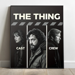Film poster for 'The Thing'. Black background, modern graphic design. Typography dominates, forming a visual theme. Monochromatic color scheme. Names of cast and crew in various sizes.