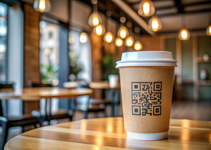 paper coffee cup with logo and standart qr code on the table in small cafe