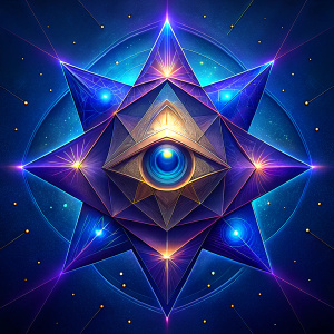 A geometric Star illustrating the idea of the 4 elements of alchemy with a small eye of horus in the middle of the star.