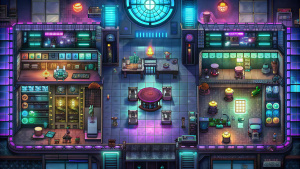 map for tabletop roleplay cyberpunk with round disco bar interior, view from above as map, for d&d, pixel map