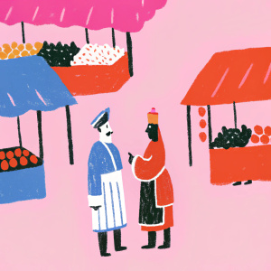 Akbar and Birbal in a bustling marketplace, surrounded by vibrant stalls and a crowd of people.