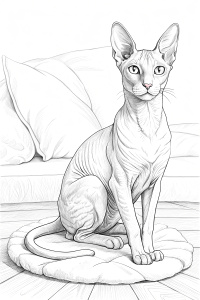 Line art, realistic black and white Cornish Rex Cat laying down  on rug in a living room background. Black and White Image, thick lines, well defined lines. Coloring page. No Color, No black Shading. Thick lines. size 8.5x11in. Black and White lines only. Use thick lines. Thick OUTLINES view from far away living room