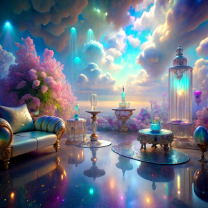 close futuristic masterpiece  dreamland light soft color PRISM Effect furnitures room full of water clouds flowers   ultra intense crystal effect ultra glitter Photoshop Photo Manipulations  Holographic liquid Patent Spandex Vinyl   Dreamscape     very much glitter sparkly fantasized glam Sprinkle Shimmering Bioluminescent fairytale masterpiece  Magical   Shimmering   Ultra iridescence UV Glow Rainbow