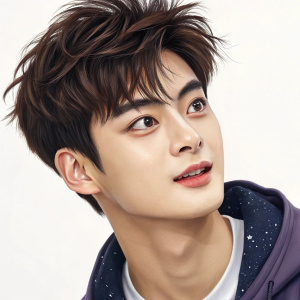 Cha Eun Woo, in a digital artwork. Playful face. Messy hair. Detailed close-up