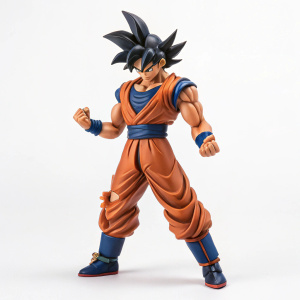 Action figure of Goku from Dragon Ball Z, standing in a battle-ready pose with flexed muscles. Empty white background, high detail