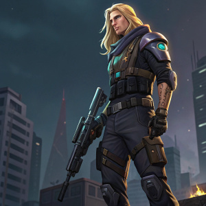 Digital artwork of Valorant character Sova. Long blonde hair, armored, holding high-tech weapon. Dark urban landscape background