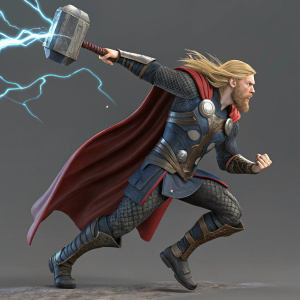 Digital 3D artwork of a thunder god inspired by Thor. Dynamic mid-action pose, blonde beard and long flowing hair. Detailed and textured attire, including intricate hammer. Rendered in vivid, high-definition style with a focus on anatomy and outfit detail.