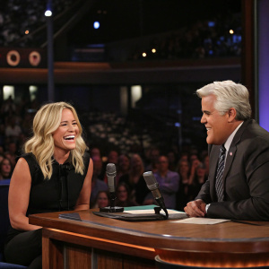 Chelsea Handler and Jay Leno hosting a late-night talk show. Bright studio lights, audience in the background