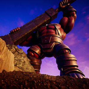 3D render of Juggernaut, a powerful character from Marvel Comics, depicted in a fierce struggle with a rugged base. The scene highlights his immense strength, with a robust red and earthy brown color palette. His muscular physique, broad chest, and well-defined midsection are prominently featured.
