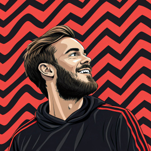 Design for YouTube channel PewDiePie featuring dynamic man with beard. Zigzag patterned background in red and black.