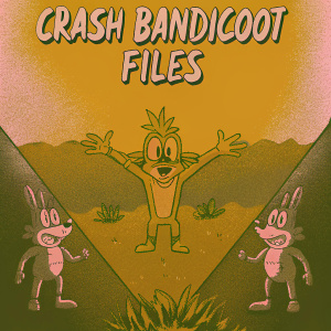 Marketing artwork for 'Crash Bandicoot Files'. Dynamic, comic-style illustration with bold outlines and vibrant colors. Title and plot summary prominently displayed. Characters in expressive poses