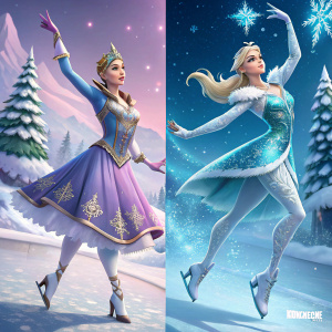 Concept art of Aurora and Andromeda, ice dancers in Fortnite Winter Skin. Various outfits and dynamic poses. Illustration features rich colors and intricate textures.