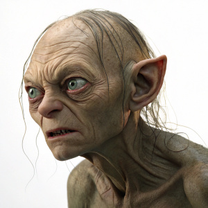 High-definition close-up of Gollum from 'The Lord of the Rings', detailed facial features against a stark white backdrop.