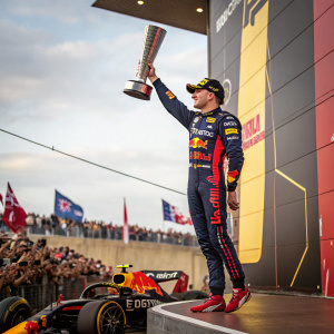 Max Verstappen in victorious pose with trophy. Crowd cheers in background. Formula One Grand Prix event