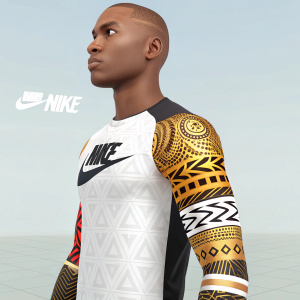 Roblox avatar design featuring torso customization. Left arm options include Nike logo and vibrant colors. Right arm features varied patterns. Color palette includes gold, white, black, and more.