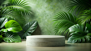 Cosmetics product advertising podium stand with tropical leaves background. Empty natural stone pedestal platform to display beauty product. Mockup