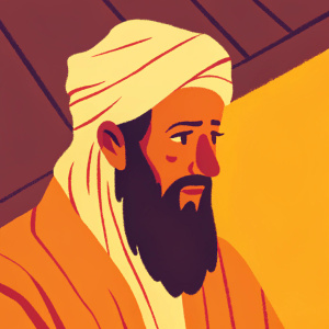 Osama bin Laden's portrait, in traditional garb and long beard, from a news broadcast screen capture. Muted tones and close-up shot