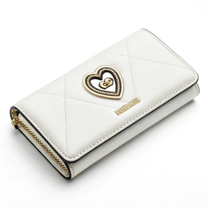 Moschino wallet, heart-shaped logo, white background, minimalist photo
