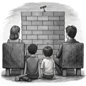 Description: The family sits in a cozy living room, facing a giant, menacing "Wall of Emotional Barriers" covered with bricks labeled "Fear of Judgment," "Guilt," "Family Tensions," "Cultural Taboos," and "Fear of Uncertainty." The Planner, holding a sledgehammer labeled "Open Communication," is ready to break down the wall.
Caption: "Recognizing and overcoming emotional barriers is the first step towards effective financial discussions."