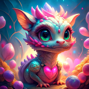 A majestic golden baby dragon with nice scales with piercing and captivating eyes and no ears. Open mouth.The gold baby dragon is surrounded by an array of colorful Chinese lanterns, which cast a warm, festive glow over the scene.  In the background, an impressive fireworks display illuminates the night sky, contributing to the festive atmosphere. Realistic details, Ultra high definition