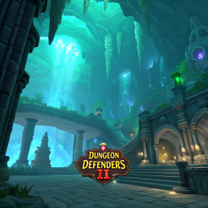 In a stunning 3D-rendered scene from Dungeon Defenders II, a fantasy-themed cavern unfolds. Green and blue hues illuminate the intricate architecture, dotted with stalactites and stalagmites. Ornate structures, including detailed pillars and archways, provide a mix of beauty and strength. The interior of the cave is showcased from a panoramic viewpoint, revealing the expansive and magical realm. The Dungeon Defenders II logo proudly stands in the foreground.