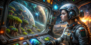женщина в футуристичном sci-fi костюме и шлеме, управляет космическим кораблем, который приземляется на планету, перед ней окно и навигационная панель с индикаторами, в окне видна поверхность неизвестной планеты с лесами и океанами, с неизвестным науке растительным и животным миром