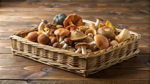 Wicker tray with variety of raw mushrooms on wooden table