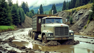 1978 Mack semi-truck, stuck in mud