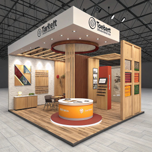Trade show display for Tarkett. Innovative booth design with wooden elements and a central circular display in warm hues.