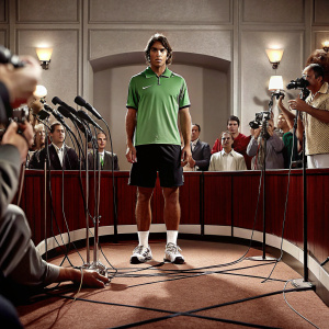 Rafael Nadal, tennis player, wearing a green Nike shirt and black shorts. At Wimbledon press conference. Crowd of journalists in the background.