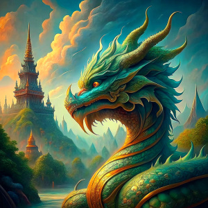 Full body of one Naga, realistic colors, Thai art style, gold, green, round red eyes, with Mekong River cg background 64k, special quality, depth of field, beautiful light, large circular sun. that is setting Sharp details, complex 3D