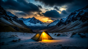 the old tent from which the light comes at night in the mountains, dark around, winter, snowy weather, night