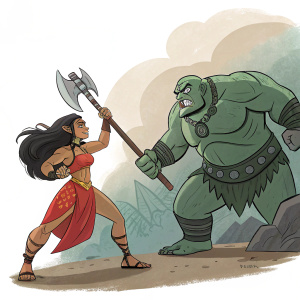 Nakateleeli, a fierce warrior maiden, stands beside the mighty Elemental Ogre. Her fiery attire and dark hair symbolize her indomitable spirit. The Ogre's powerful pose suggests untamed strength. The vibrant colors and mystical elements depict the ongoing battle between light and shadow.