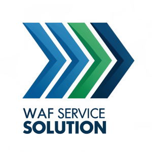 Dynamic and sleek logo for WAF Service Solution. Blue and green geometric shapes form a flowing pattern. Innovative and modern design.