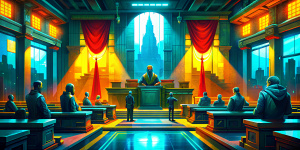 cyber Punk darkly lit court room to extend image 