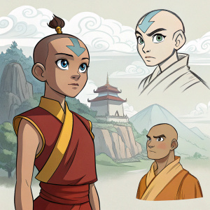 Concept art progression of Avatar The Last Airbender characters. From rough sketches to detailed colored illustrations. Main characters: female with distinct facial expression, male with focused look. Stylized landscapes and structures inspired by the show's unique art style. Bold lines and vibrant or muted colors.