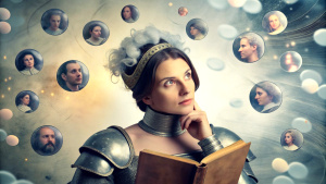 The picture shows a person engrossed in an old book, surrounded by historical elements like a knight's armor and a Victorian dress. Above their head, thought bubbles filled with emotions represent the character's feelings from the novel, symbolizing mind-reading through literature.